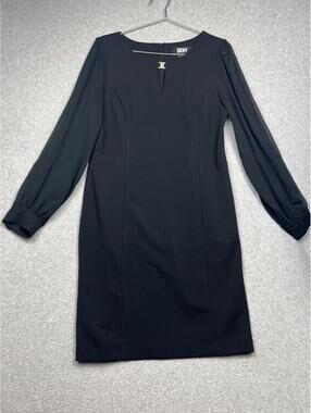 DKNY Womens Chiffon Sleeve Sheath Dress 12 Black Minimalist Classy